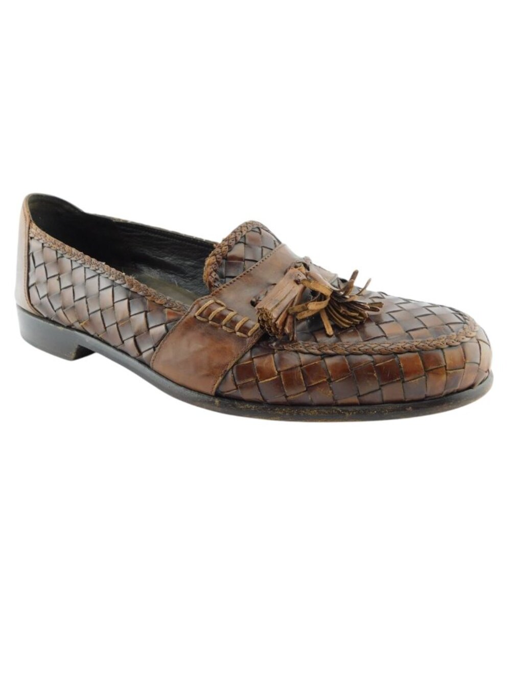 BRAGANO Brown Woven Leather Tassel Loafers 10.5